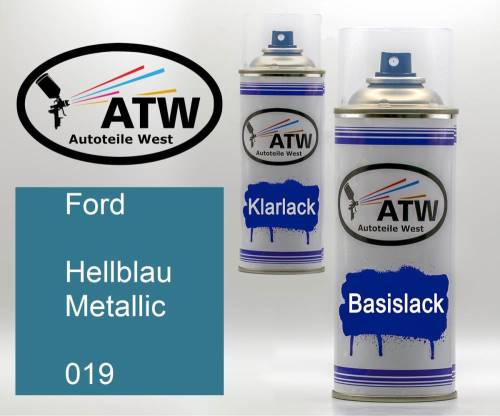 Ford, Hellblau Metallic, 019: 400ml Sprühdose + 400ml Klarlack - Set, von ATW Autoteile West.